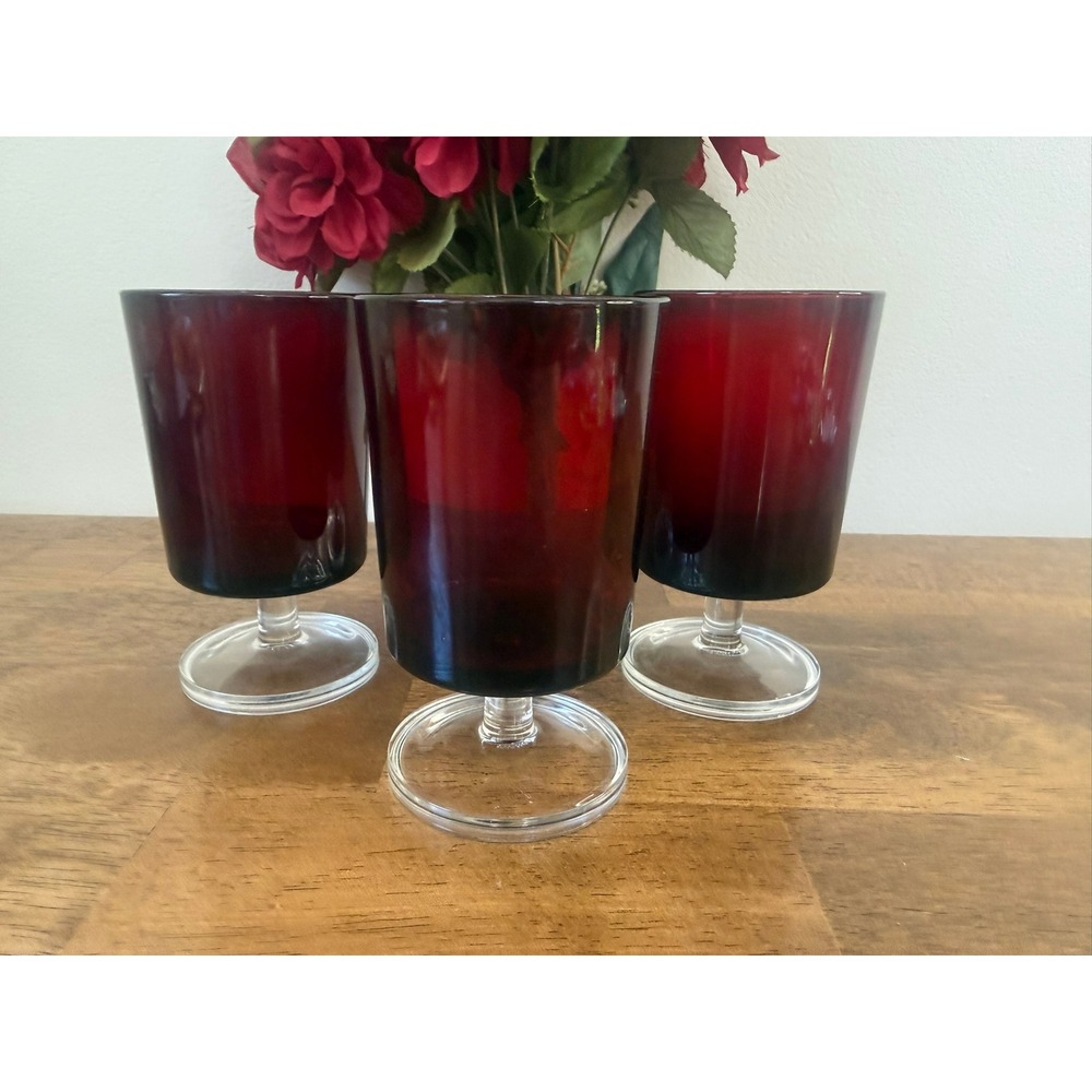 Luminarc France Ruby Red Goblets Cranberry Glass Stemware Wine‎ Glasses Set of 3